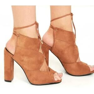 Tan Brown Suede Open Toe Tie Up Heels Size 7.5
